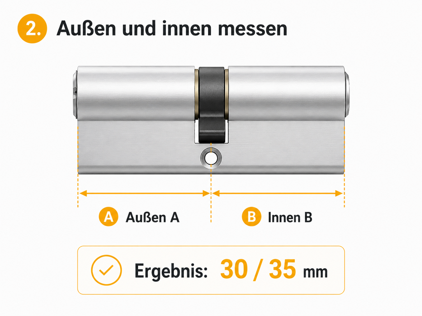Messanleitung Schritt 2: Außenmaß A und Innenmaß B am Profilzylinder messen und als Ergebnis zum Beispiel 30 zu 35 Millimeter notieren.